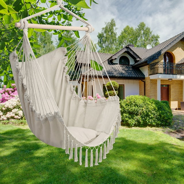 Extra Large Hanging Rope Hammock Chair Swing, Hammock Chair Swing Seat, Relax Hammock Chair with 2 Cushions, Perfect for Home, Bedroom, Patio, Yard, Deck, Garden - 350 lbs Weight Capacity, B1880