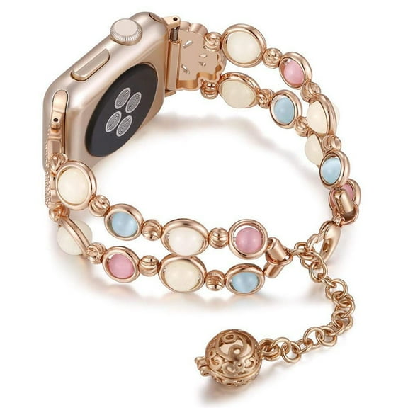 Band Compatible for Apple Watch 41mm 40mm 38mm, Adjustable Elegant Beads Pendant Handmade Night Luminous Pearl Women Girls Strap Bracelet for iWatch Series SE 9 8 7 6 5 4 3 2 1, Rosegold