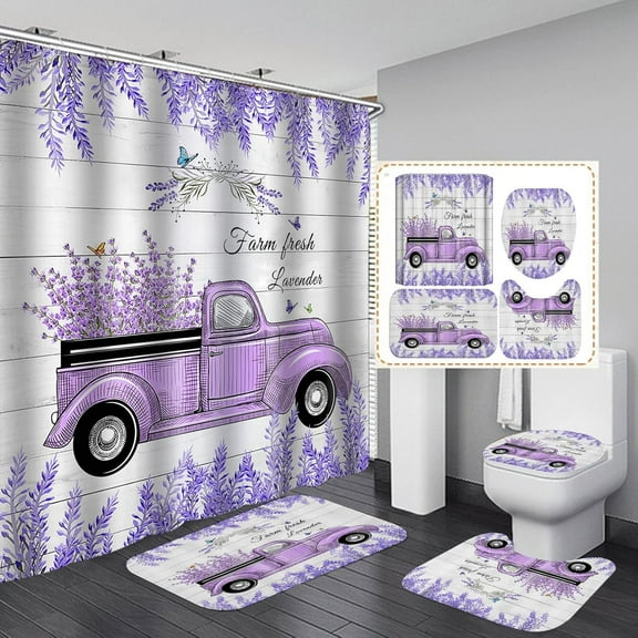 4PCS Purple Truck Shower Curtain Set, Butterfly Floral Vintage Car Pickup Country Rustic Farmhouse Bathroom Decor, White Fabric Shower Curtain Non-slip Bath Mat Toilet Rug, Farm Fresh Lavender