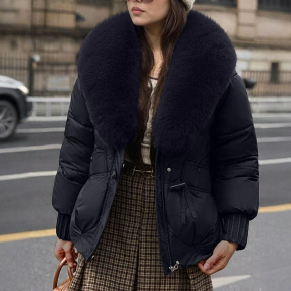 Ounisa Women's Slim Flitted Puffer Jacket with Genuine Shearling Trim At Hood Long-sleeved Casual Outerwear Overcoats