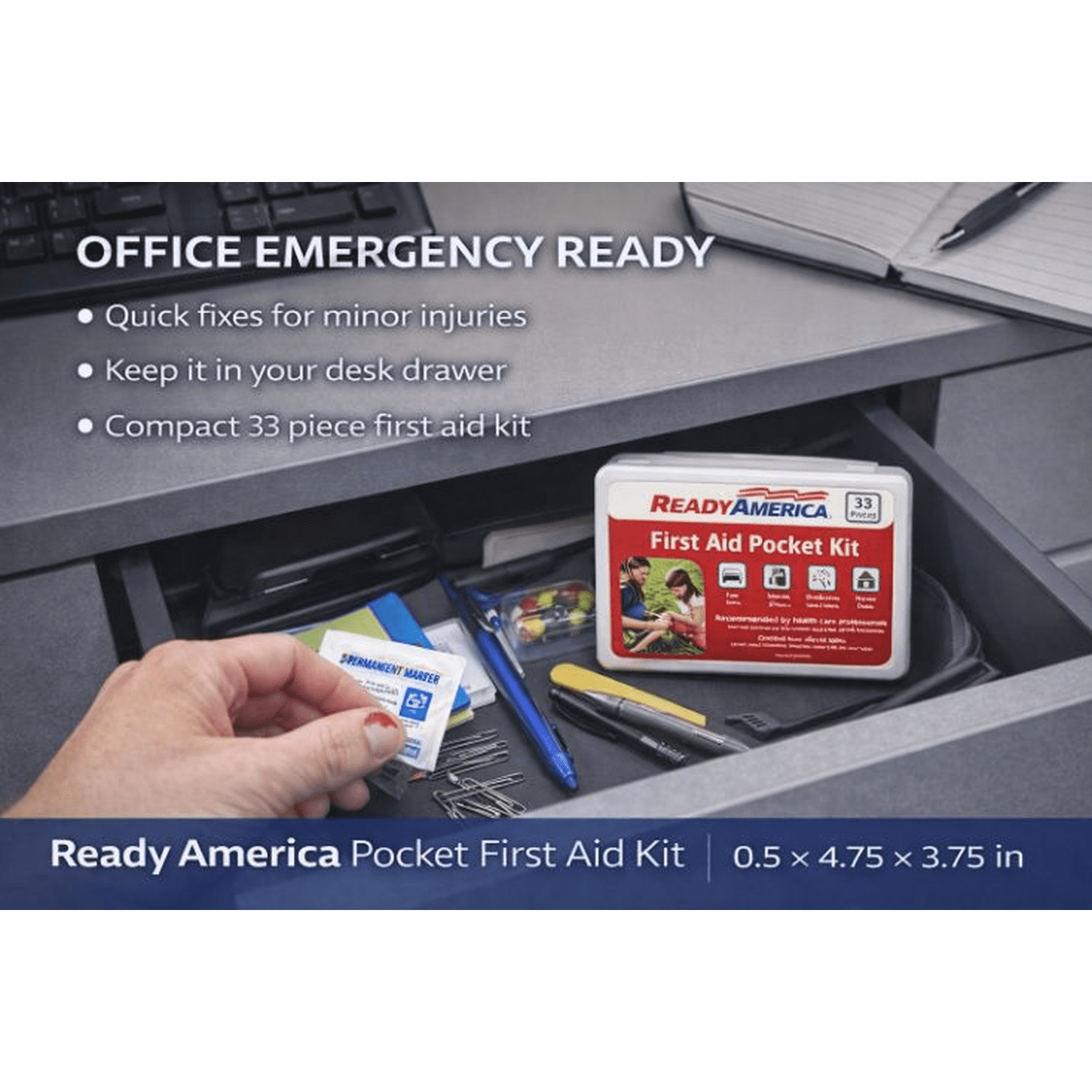 (4 pack) 33 Piece First Aid Pocket Kit, Ready America, approximate kit dimensions: 3.75 in. x 4.75 in. x .50 in.