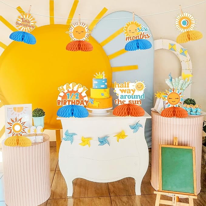 8 Pieces Sun Honeycomb Centerpieces, Half Way Around The Sun Table Toppers Decorations, Boho Sun Themed 6 Months 1/2 Birthday Baby Shower Party Supplies
