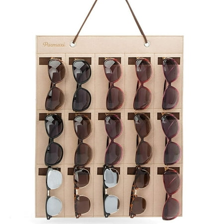PACMAXI Sunglasses Organizer Storage,Wall Pocket by Sunglasses 15 Slots Felt (Brown)