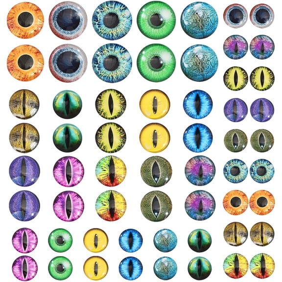 60Pcs 30Styles Dragon Eyes Glass Cabochon Luminous Cat Eyes Glass Cabochons Glow in The Dark Animal Eyes Flatbacks for Art Props DIY Craft Making 16/20/25mmMixed Color