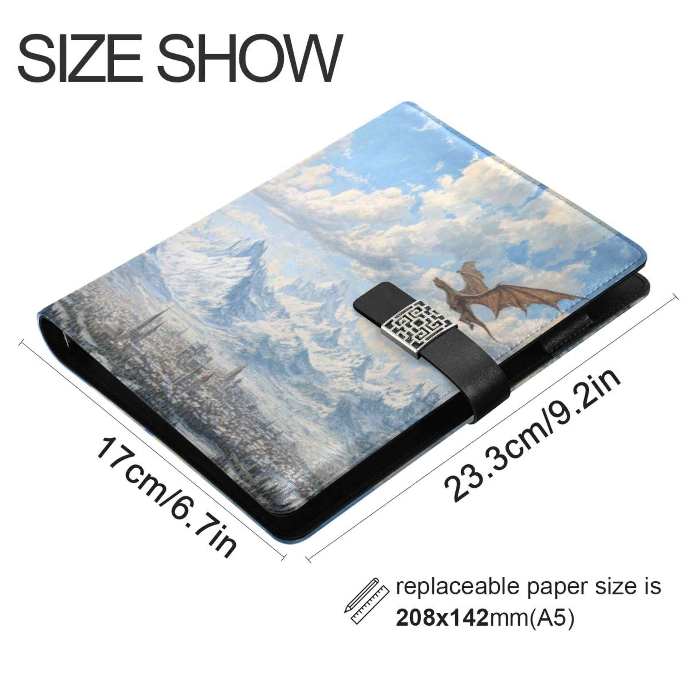 Leather Planner Leather Notebook Notebook Journal Binder Design Pen Pocket Design Convenient for Storage Dragon Flying Medieval Town