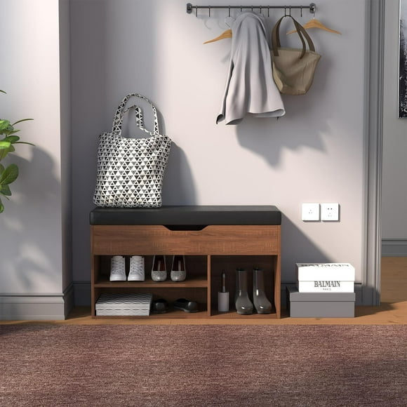 Homy Casa Modern Storage Bench with Shoe Rack and Padded Seat - Versatile Entryway Organizer, Black