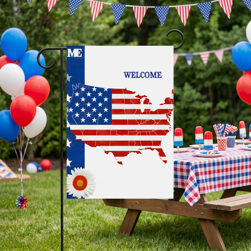 Americana Garden Flag A Map of the United States with an American Flag and a Daisy WELCOME USA 250 Anniversary Standard 28x40 Dimensions Red White and Blue Decorations for Home