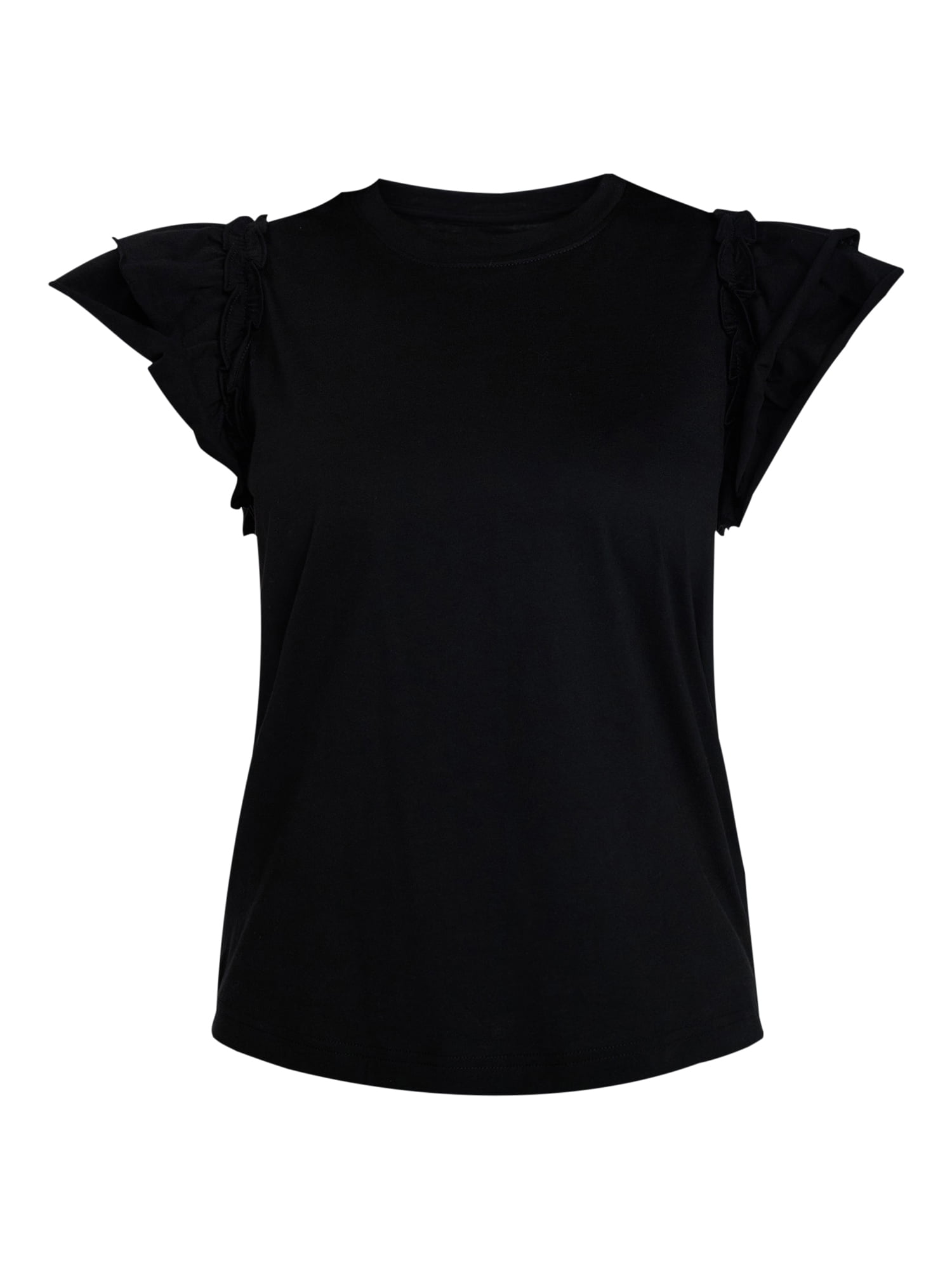 Time and Tru Women's Cotton Crewneck Tee with Ruffle Flutter Sleeves, Sizes XS-XXXL