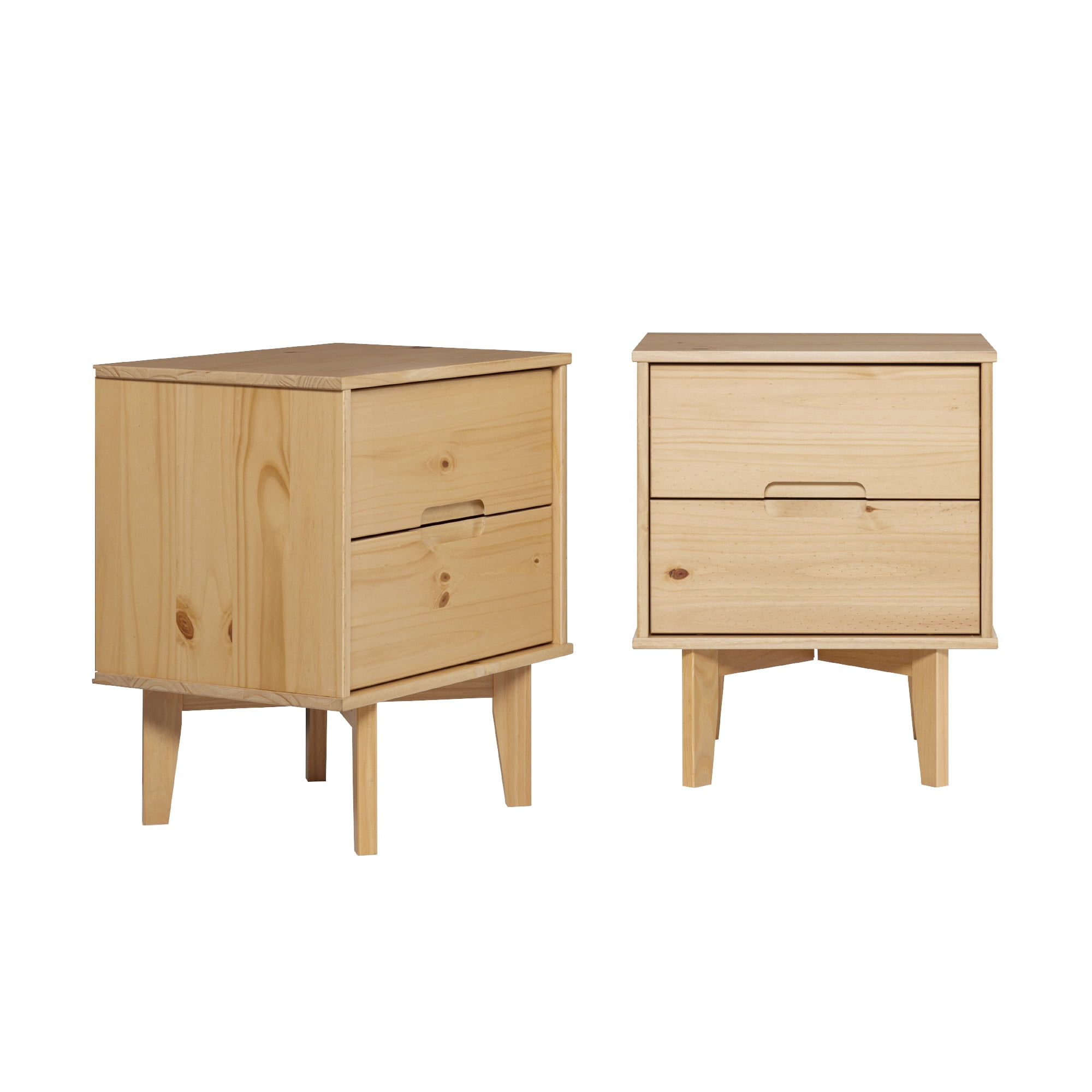 Walker Edison Set of 2 Mid-Century Modern 2-Drawer Nightstands, Natural Pine