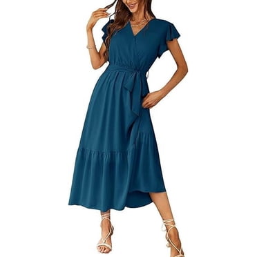 PRETTYGARDEN Women's Floral Boho Dress Wear To Work Wrap V Neck Short Sleeve Belted Ruffle Hem A-Line Flowy Maxi Dresses