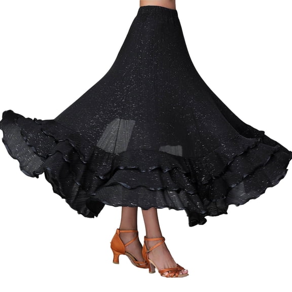 Flowy Maxi Skirts for Women Solid Layered Spanish Traditional Festival Dance Skirt Black L