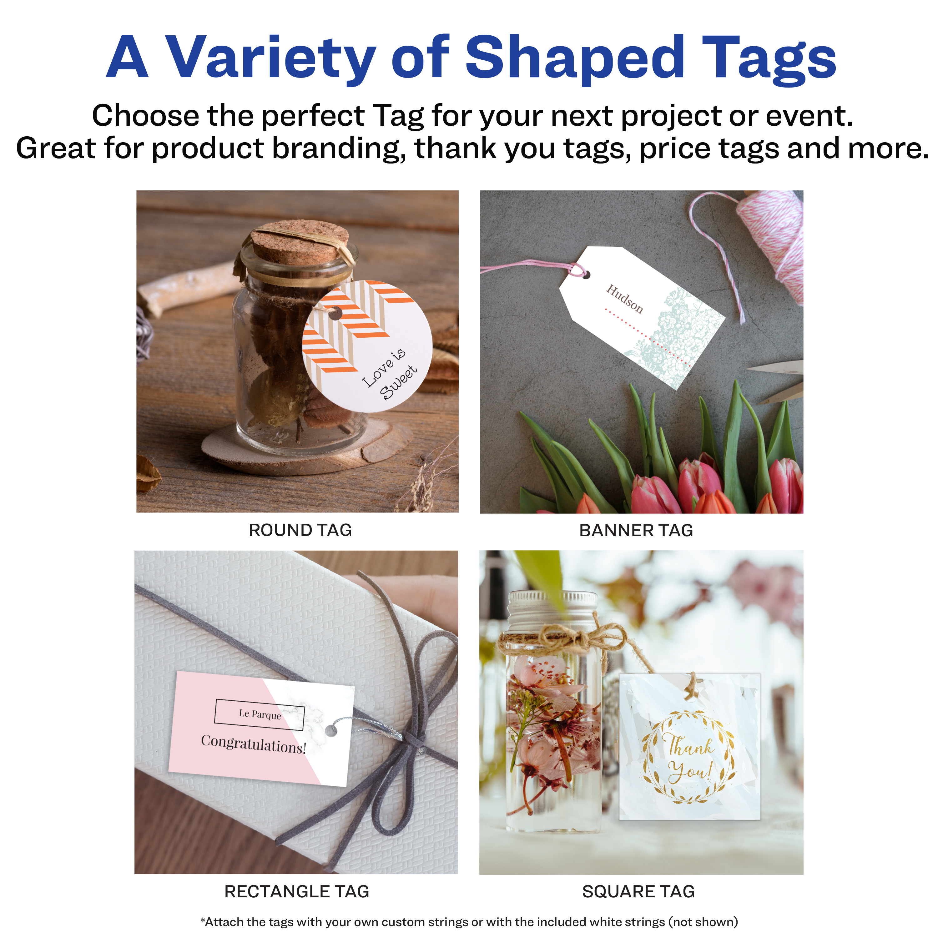 Avery Square Tags with Strings, 2" x 2", White, 120 Total (80513)