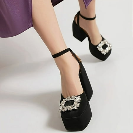

JZJUNZ Elegant Rhinestone Decor Block Heeled Sandals for a Sophisticated Look Stylish Square Toe Dress Pumps with a Touch of Glamour Chic Platform Heels Featuring a Fashionable Buckle S