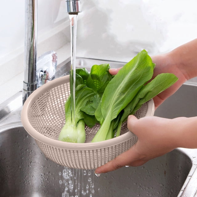 Juego de 3 cestas redondas de plástico para lavar frutas y verduras con diseño hueco para drenar y almacenar, antideslizantes y apilables para ahorrar espacio, ideales para encimeras de