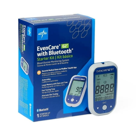 Medline EvenCare G2 Blood Glucose Monitoring Meter with Bluetooth Connectivity Starter Kit with Reusable Lancing Device, 10 Lancets, 10 Test Strips, User's Guide, and Carrying Case