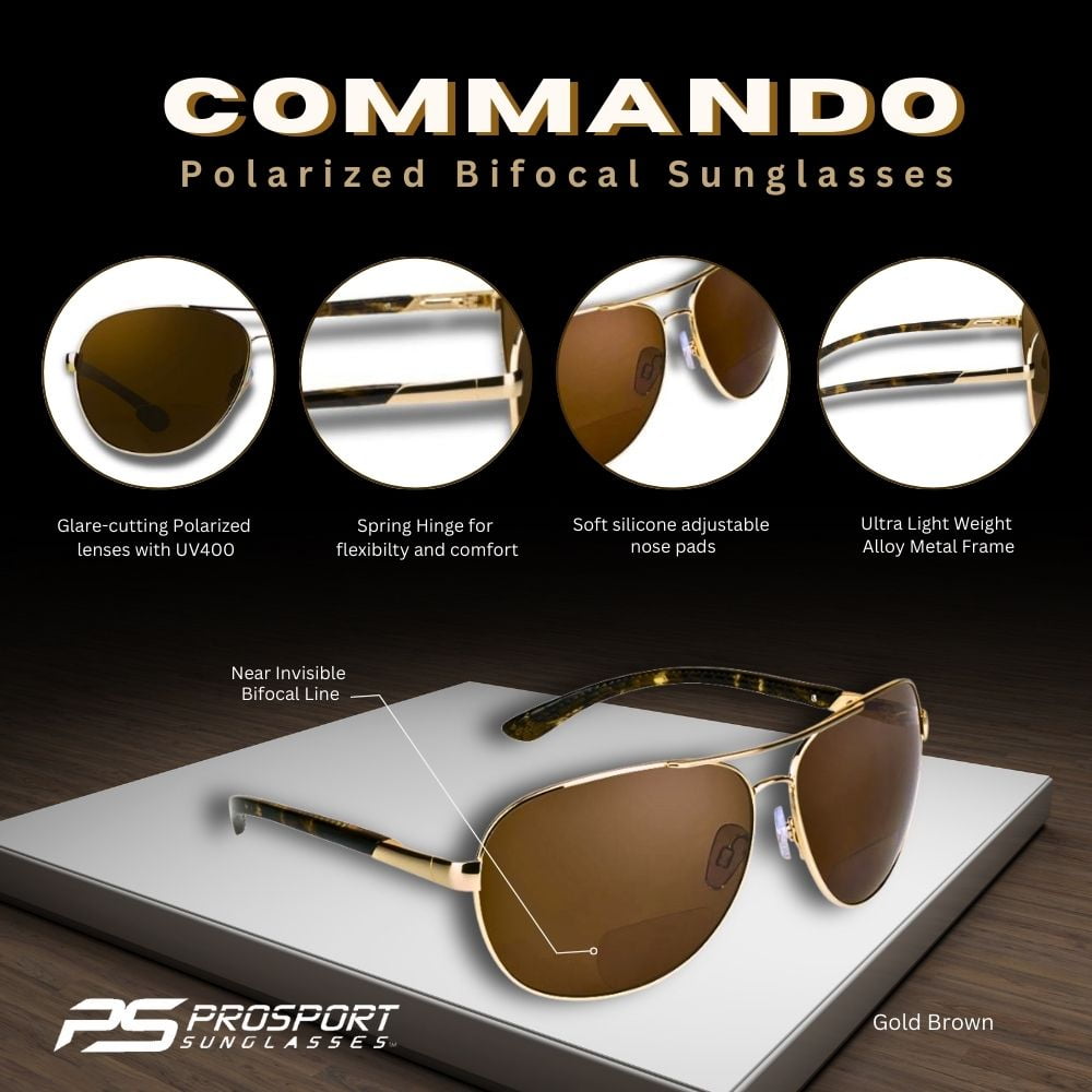 proSPORT Polarized BIFOCAL Sunglass Reader Anti-Glare Fishing Driving Golf Men Women Gold Brown 1.75