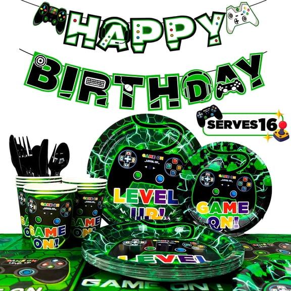 128Pcs Gamer Party Tableware & Decor Kit, Includes Plates, Napkins, Cups, Tablecloth and Birthday Banner, All-in-one Supplies for Boys Kids Video Game Birthday Party
