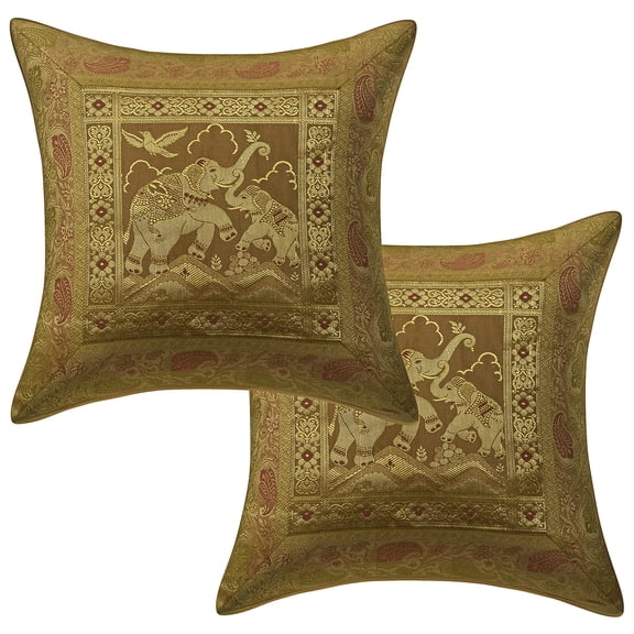 Stylo Culture Ethnic Decorative Throw Pillow Covers Floral 16x16 Jacquard Gold Square 40cm x 40cm Home Decor Brocade Elephant Zippered Cushion Covers | Set Of 2