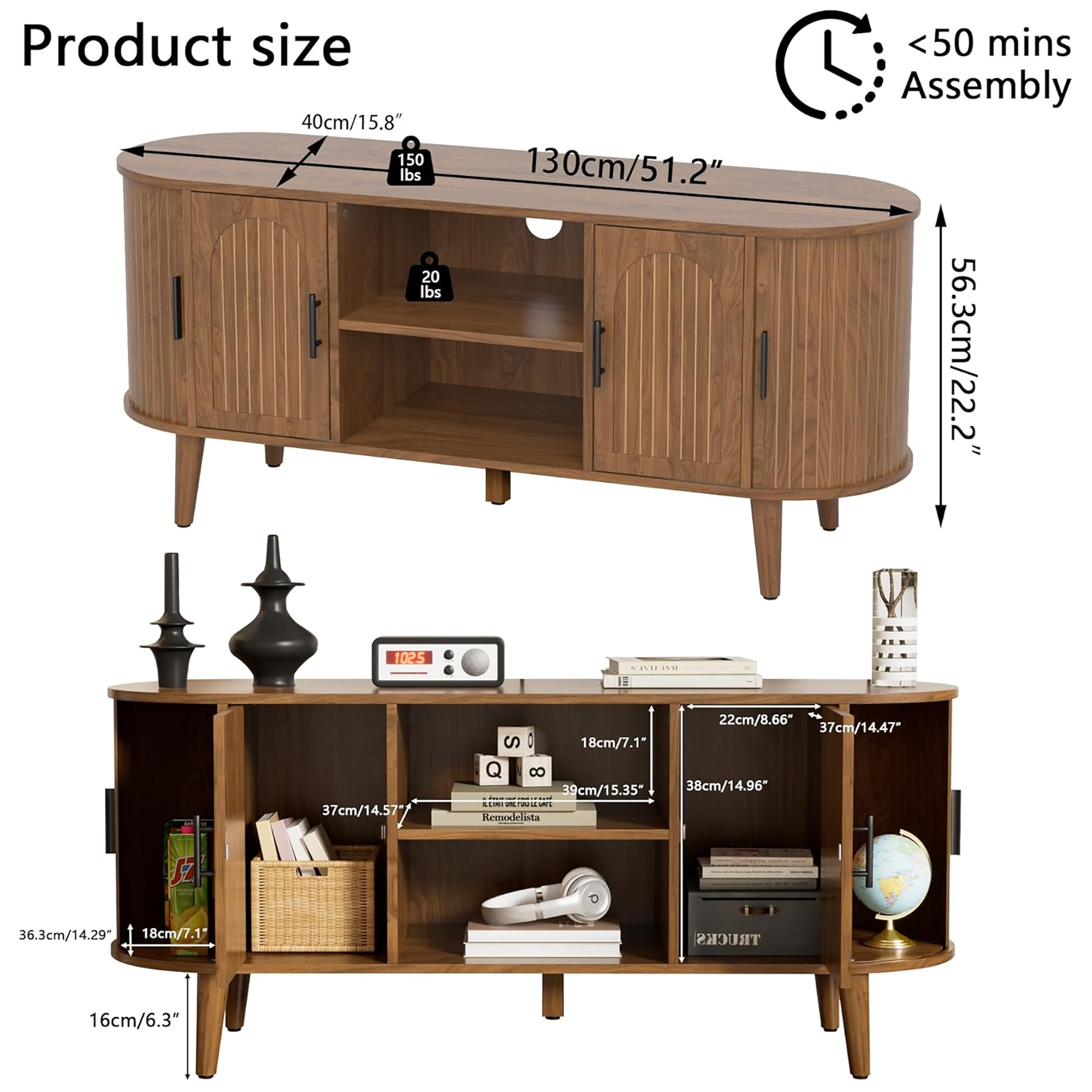 51" TV Stand for Tvs up to 60", Mid Century Modern Fluted Entertainment Center with Fluted Doors, Media Console for Living Room Bedroom, Walnut