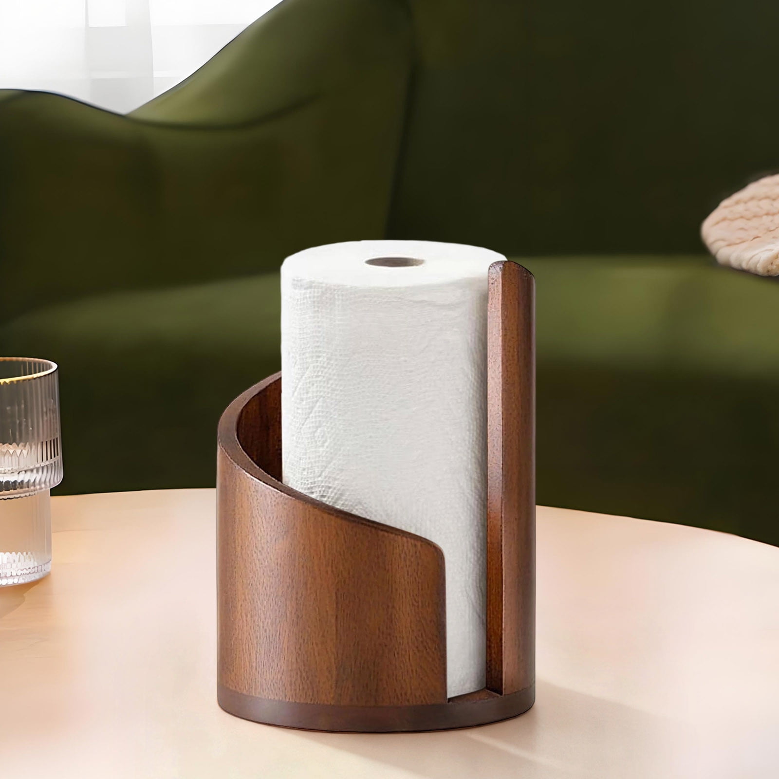 LIORAGLJ 8.5x8.25x8.25in Natural Wood Paper Towel Holder with Iron Stand for Kitchen Countertop Organization (Brown)