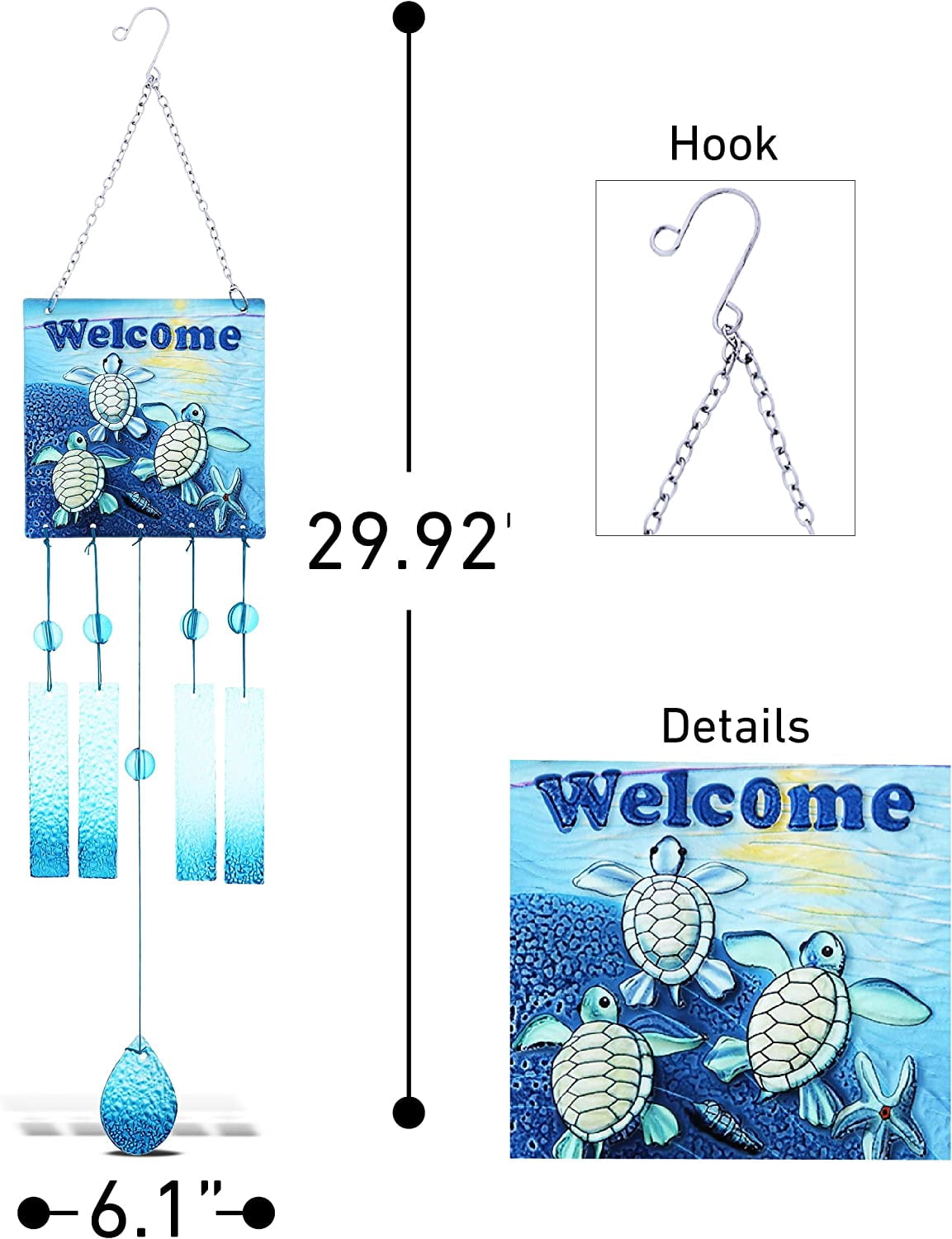 CoTa Global "Welcome" Blue Turtle Hanging Sea Glass Wind Chime 29.92 Inch Nautical Glass Windchime Outdoor Decor for Harmonic Porch, Patio & Garden, Unique Beach Art Indoor Wind Chime Window Mobile