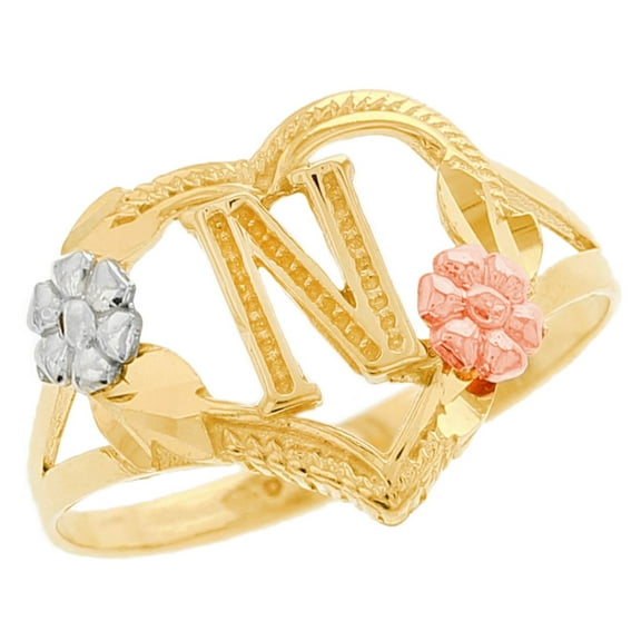 JackAni 14k Multi-Tone Gold Diamond Cut Floral Letter Initial N Heart Ring