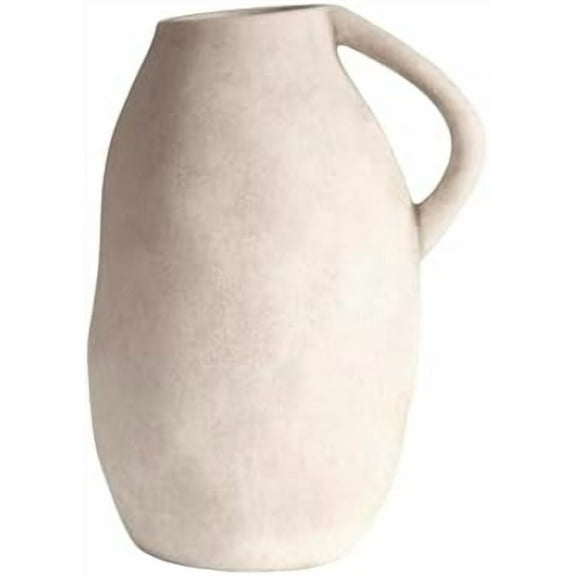 White Ceramic vase with Handle, Distressed Cement Texture, Boho Terracotta Large Pottery 10inch Tall, Rustic Farmhouse Decorative vases for Centerpieces, Unique Stoneware Jug for Flowers