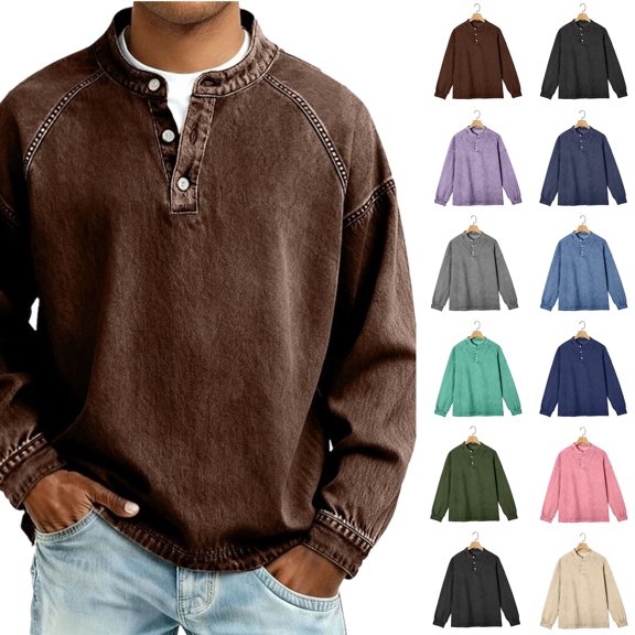 Xaqiouau Men's Tops Henley Neck Denim Washed Raglan Long Sleeve Pullover Top Spring Fall Vintage Casual Layering Essential Apparel Coffee L