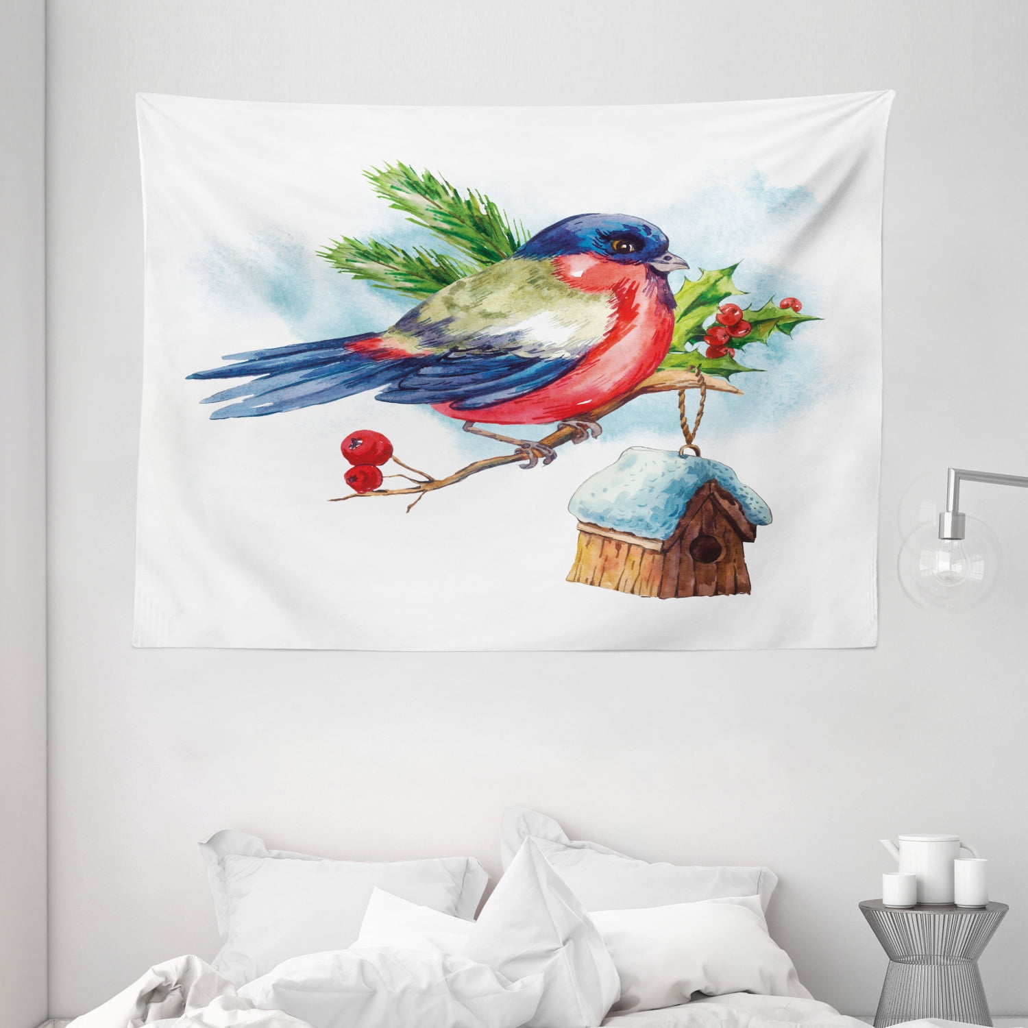 Rowan Tapestry, Merry Christmas Composition with Cute Bullfinch Holly