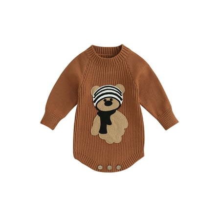 

GXFC Baby Boy Girls Fall Knit Romper Sweater Clothes 6M 9M 12M 18M 24M Newborn Long Sleeve Bear Embroidery Print Bodysuit Autumn Babysuit Clothing for Infant