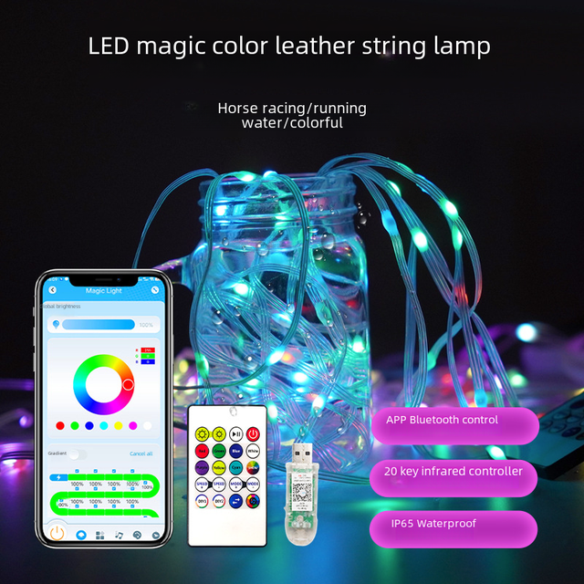 Cadena de luces LED de cuero de colores mágicos de 20 m para exteriores, para acampar, RGB, con control por voz, para árbol de Navidad