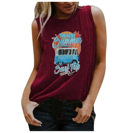 

YFPWM Women Blouses for Work Casual Plus Size Corset Top Business Causal Tops Off the Shoulder Tops Summer Chiffon Blouse O-Neck Vintage Car Print Sleeveless Vest