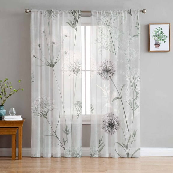 Sage Green Dandelion Sheer Curtains 96 Inches Long 2 Panels Set, Window Sheer Curtains for Living Room/Bedroom, White Green Floral Light Filtering Rod Pocket Curtain 52'' x 96'' x 2