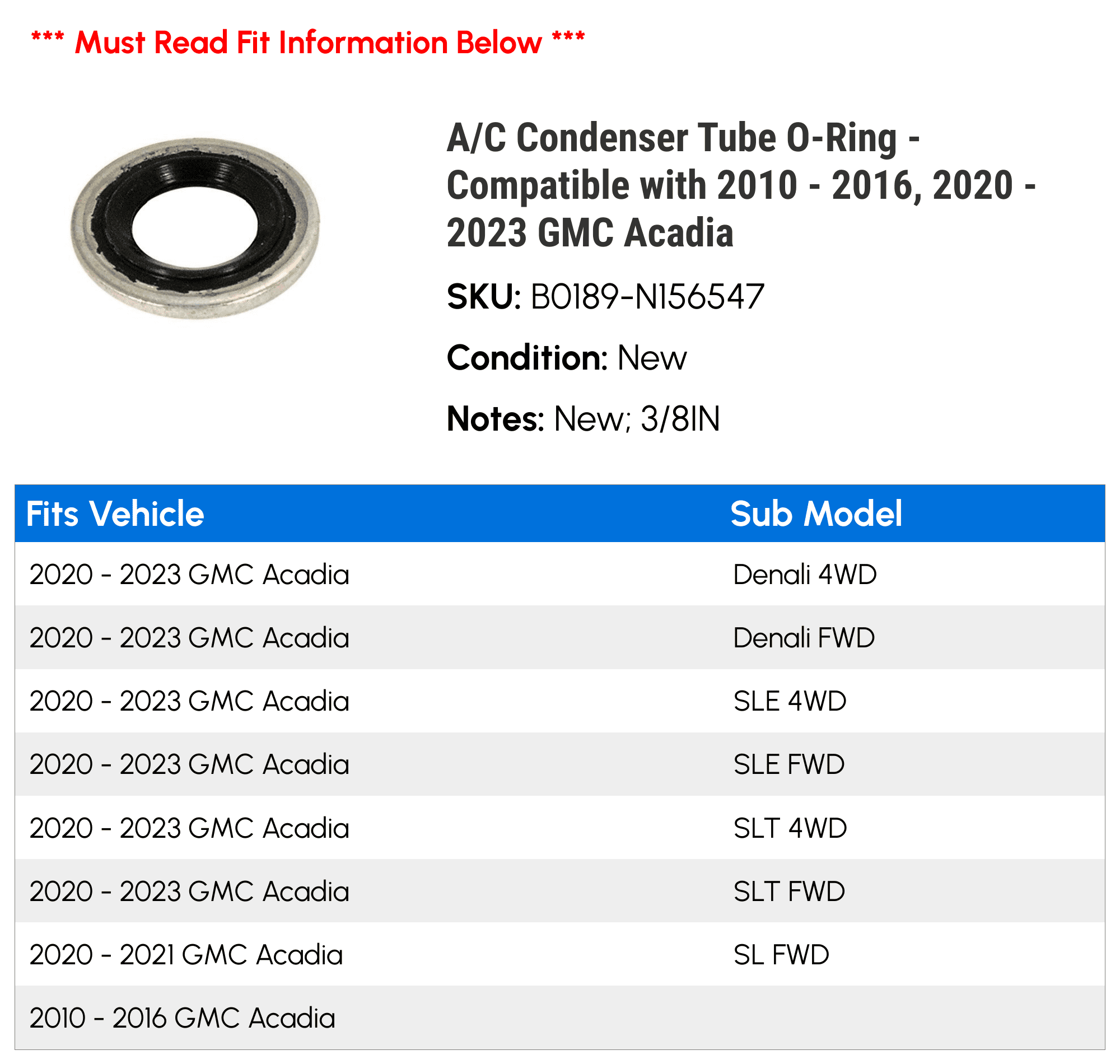 A/C Condenser Tube O-Ring - Compatible with 2010 - 2016, 2020 - 2023 GMC Acadia 2011 2012 2013 2014 2015 2021 2022
