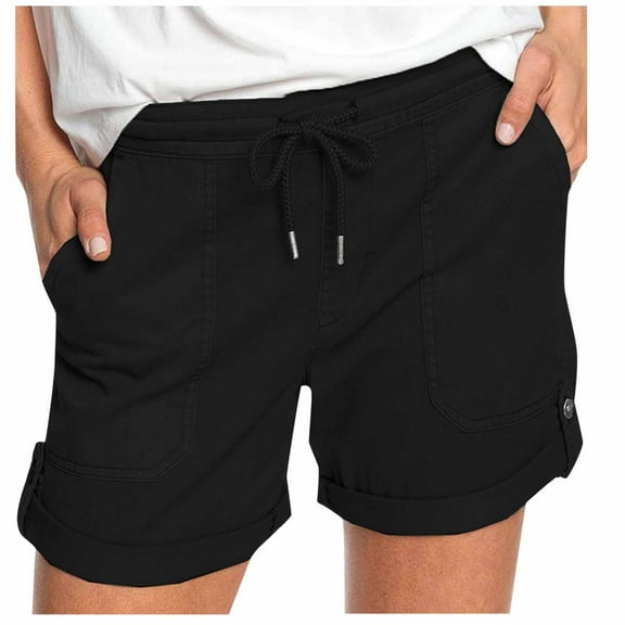 Short Yoga Pants Women Solid Color Straight Elastic Waist Pocket Lace Plus Size Shorts for Women,Black,3XL