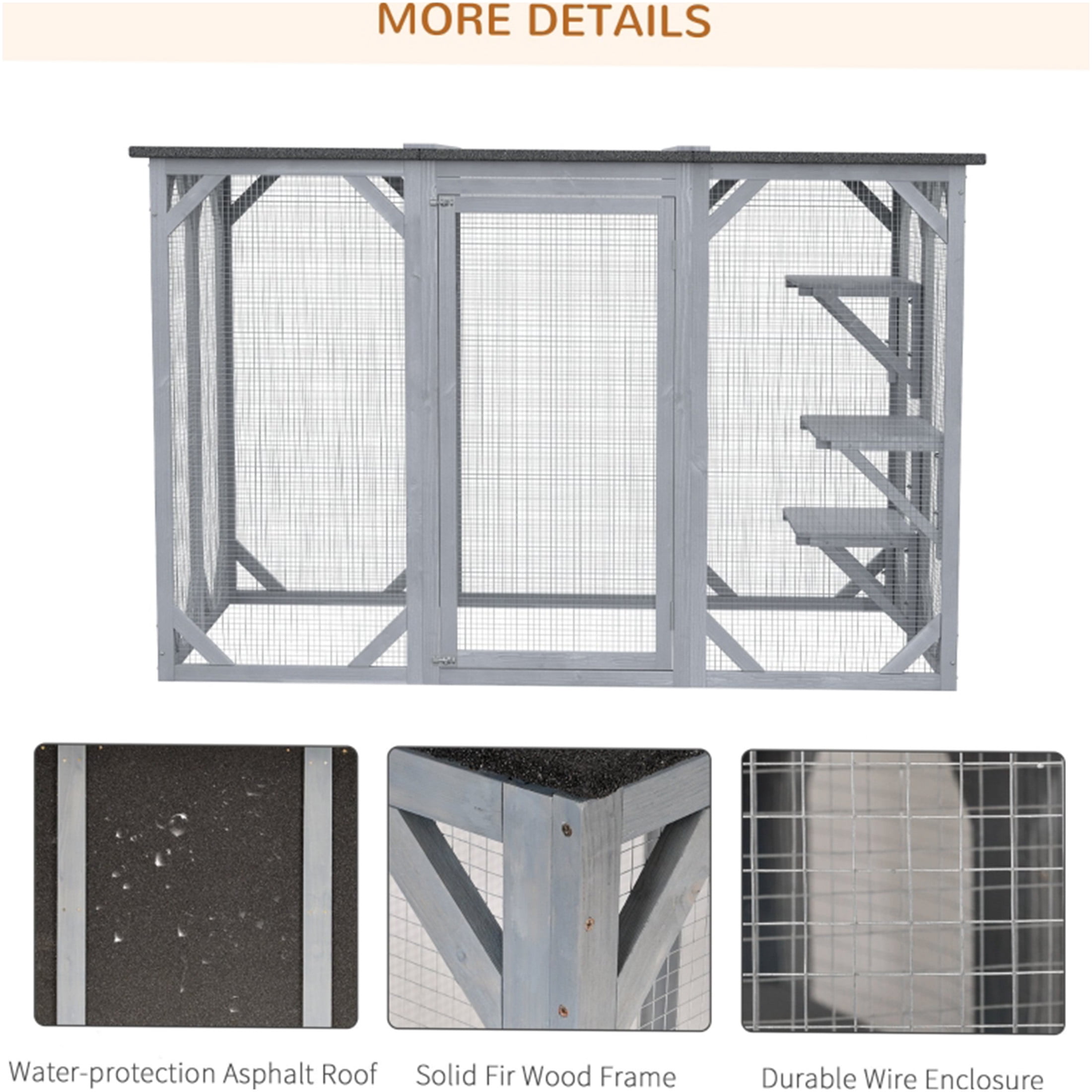 JERFIT Large Outdoor Catio Enclosure for Multiple Cats, Weatherproof Wooden Cat Cage Playpen with Asphalt Roof, Sturdy Wire Mesh, Grey