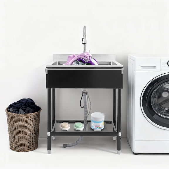 Black Stainless Steel 30.7x22x40.35 Inch Independent Kitchen Sink With Drain Rack Large-Capacity Sink With Pull Tap