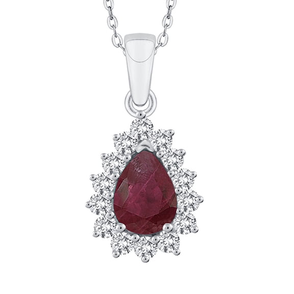 Prong Set Diamond and Pear Cut Ruby Pendant Necklace in 14K White Gold (1 1/3 cttw, G-H, I2-I3)