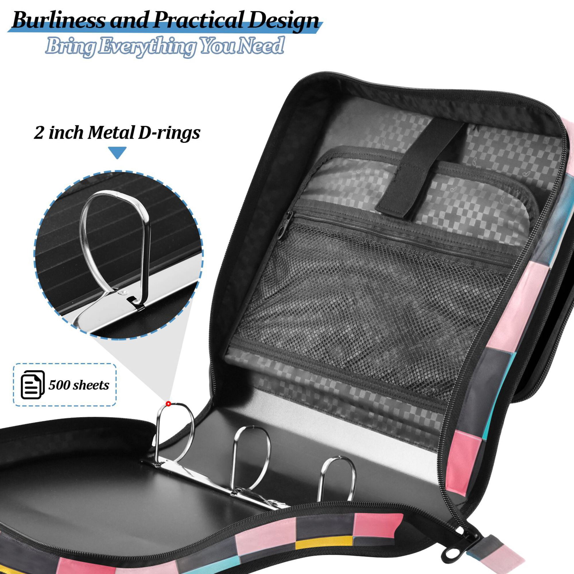 FORMRS Zipper Binder with Shoulder Strap 2-inch Ring 500 Sheet Capacity File Bag, Pink Checkered Pattern