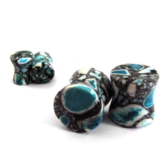 Abstract Stone Blue and Grey Organic Double-Sided Flare Gauges/Plugs 9/16'' (14mm) 2 Pieces (1 Pair) (A/3/2/A6)