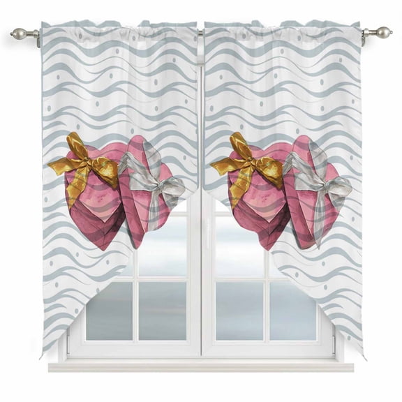 Valentine's Day Swag Curtains for Kitchen/Bedroom/Living Room, Pink Love Box Abstract Point Stripes Scalloped Curtains 63 Inch Long, Window Swag Topper Curtains Valances 2 Panels Set 36"x63"