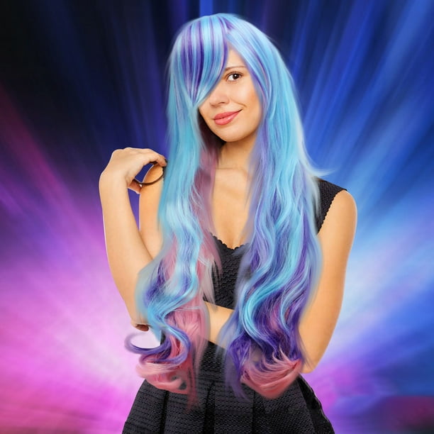 XZNGL Blue Wig Light Light Light Blue Purple Mixed Color Curly