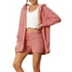 thumbnail image 4 of INSPIRAR CHIC Conjuntos de Pijamas de Forro de Felpa para Mujeres de 3 Piezas, Chaqueta Suave y Top Corto con Pantalones Cortos, Conjunto de Lounge L Rosa Claro, 4 of 6