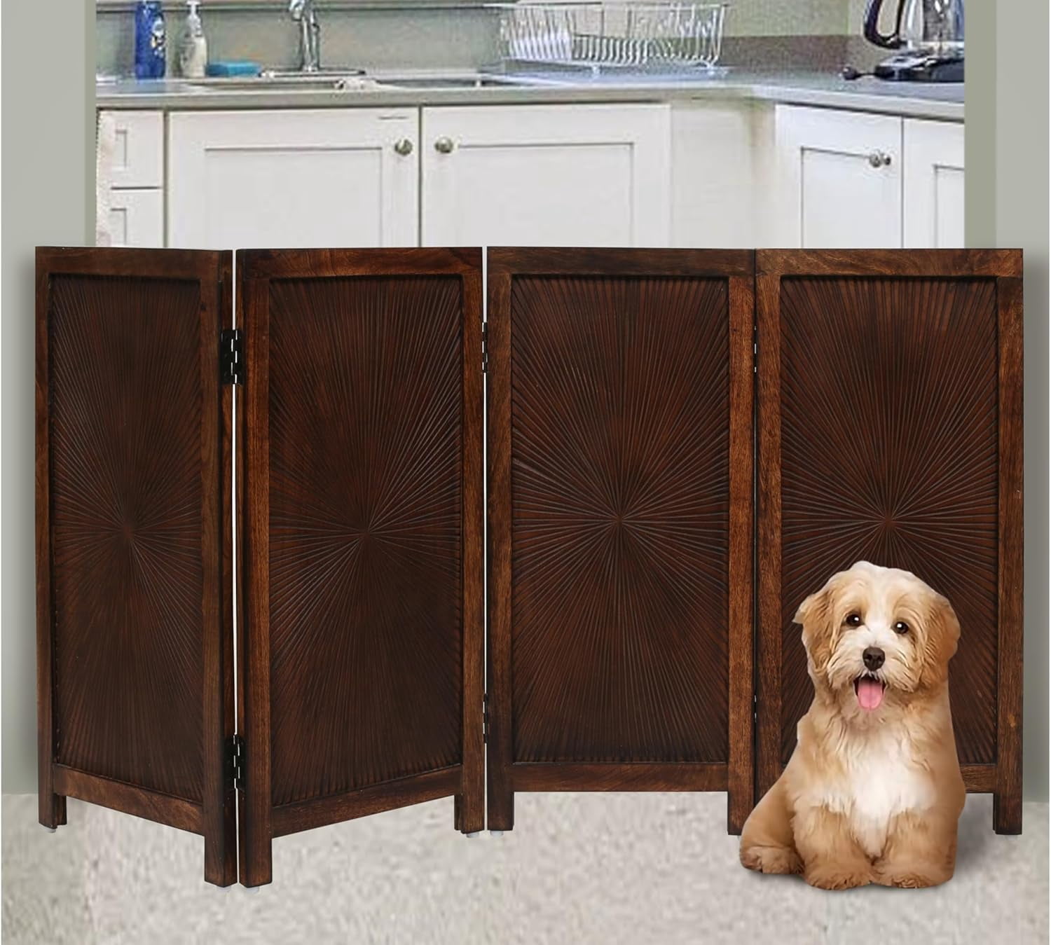 The Wooden Town Foldable Indoor Pet Gate , Free-Standing 4-Panel Dog Barrier, 56" W x 28" H, Burnt Finish, Hand-Carved Solid Wood & MDF