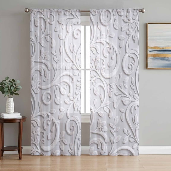 Floral Patterns Sheer Curtains 96 Inch Length 2 Panels Set, Silver White Flowers Leaves Aesthetic Voile Window Treatment Semi Sheer Long Curtains Drapes for Bedroom/Living Room/Kitchen 52"x96"x2