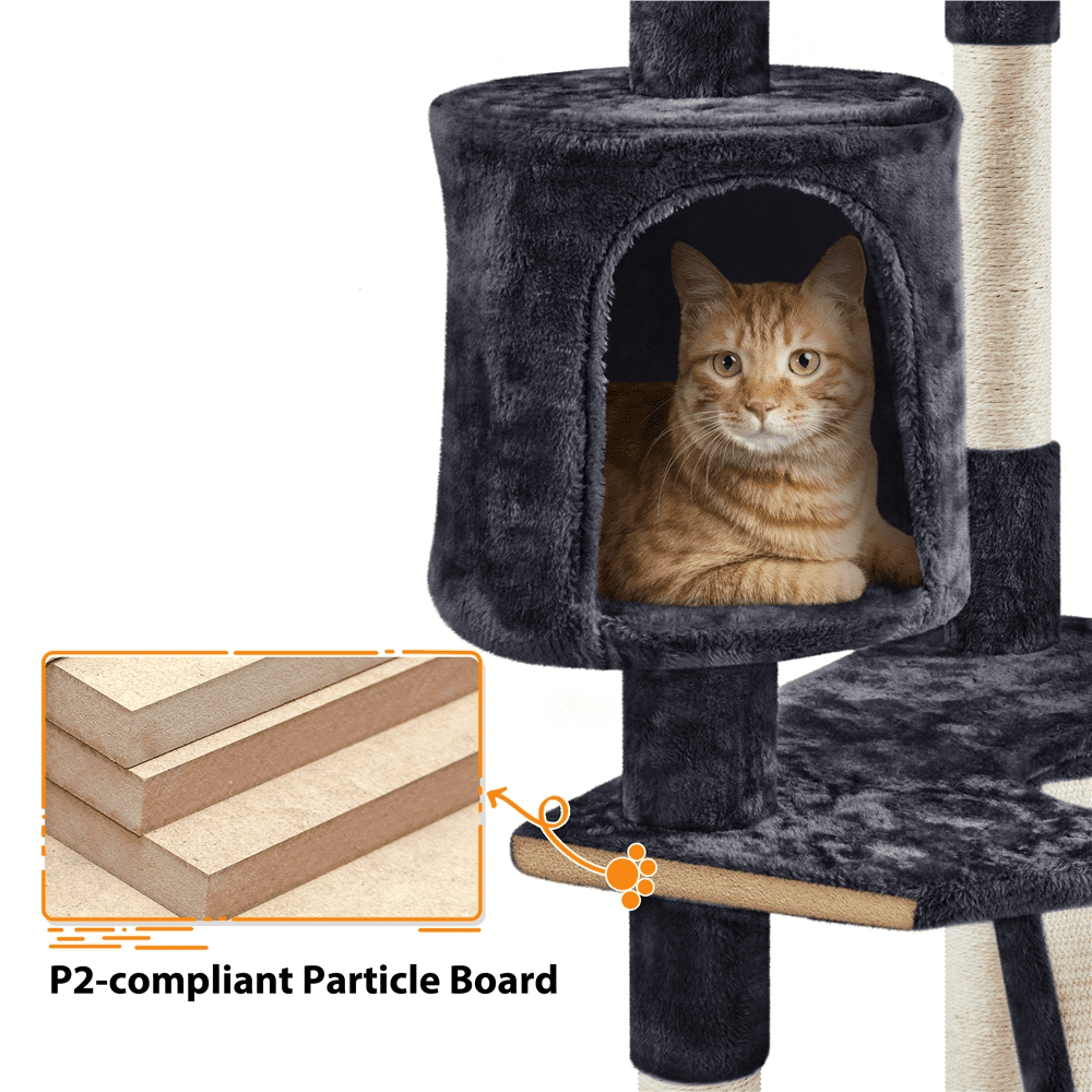 Alden Design 79″ H Multilevel Cat Tree with 2 Condos Basket Scratching Posts, Black