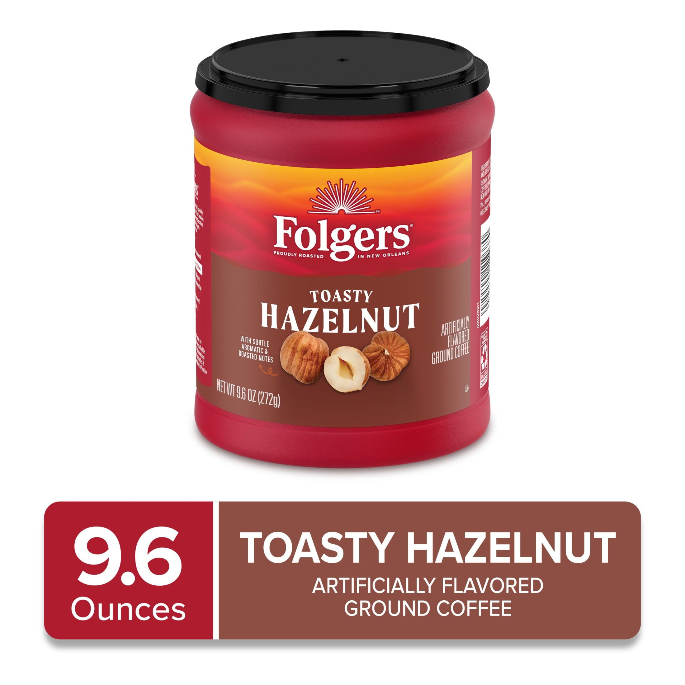 (6 pack) Folgers Toasty Hazelnut Artificially Flavored Ground Coffee, 9.6 oz Canister