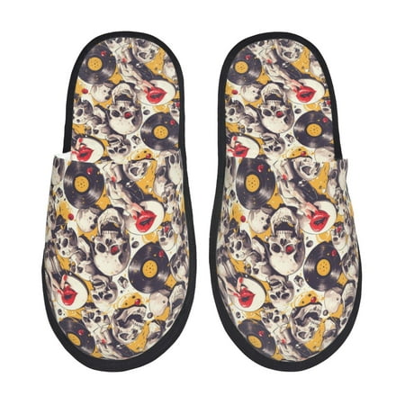

Noikeo lips record rock Skull Pattern Cozy Slippers Indoor for Women and Mens Fuzzy House Shoes Soft Plush Warm Slip-on Slippers-Medium