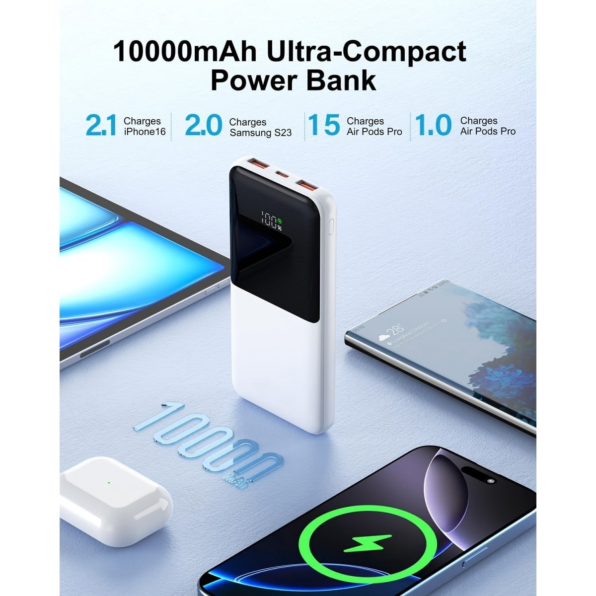 Portable Charger with Built-in Cables | Slim 10000mAh Travel Battery Pack, USB Type-C, 22.5W Fast Charging, Lithium Polymer Battery