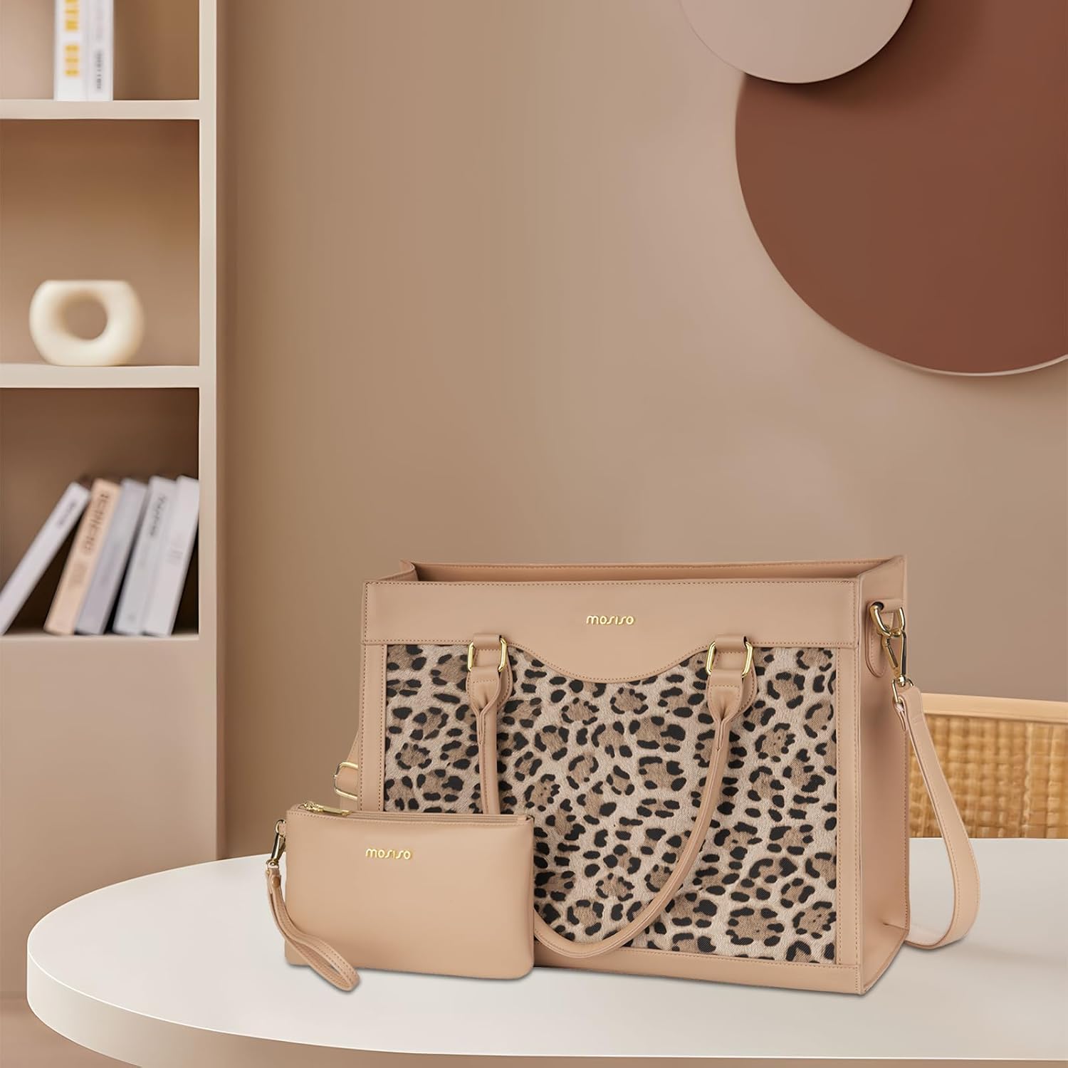 MOSISO Laptop Tote Bag for Women,15.6 inch PU Leather Leopard Grain Business Office Work Briefcase